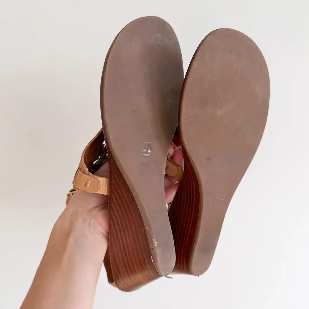 Tory Burch Zoey Leather Logo Thong Strap Wedge Sandals Tan Brown 9.5